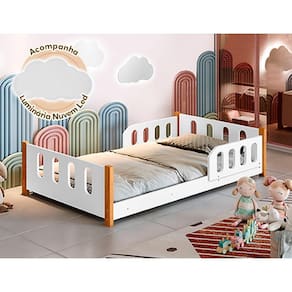 Cama Infantil Juvenil Camila Com Grade De Proteção Branca + Luminária Led - Cor: Branco