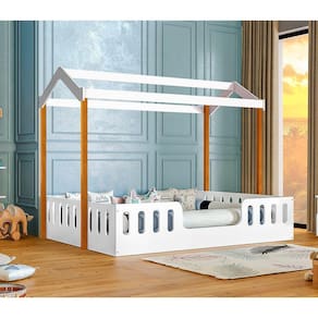 Cama Para Criança Infantil Ágatha Montessoriana Casal Casinha Segura - Branca/Mel