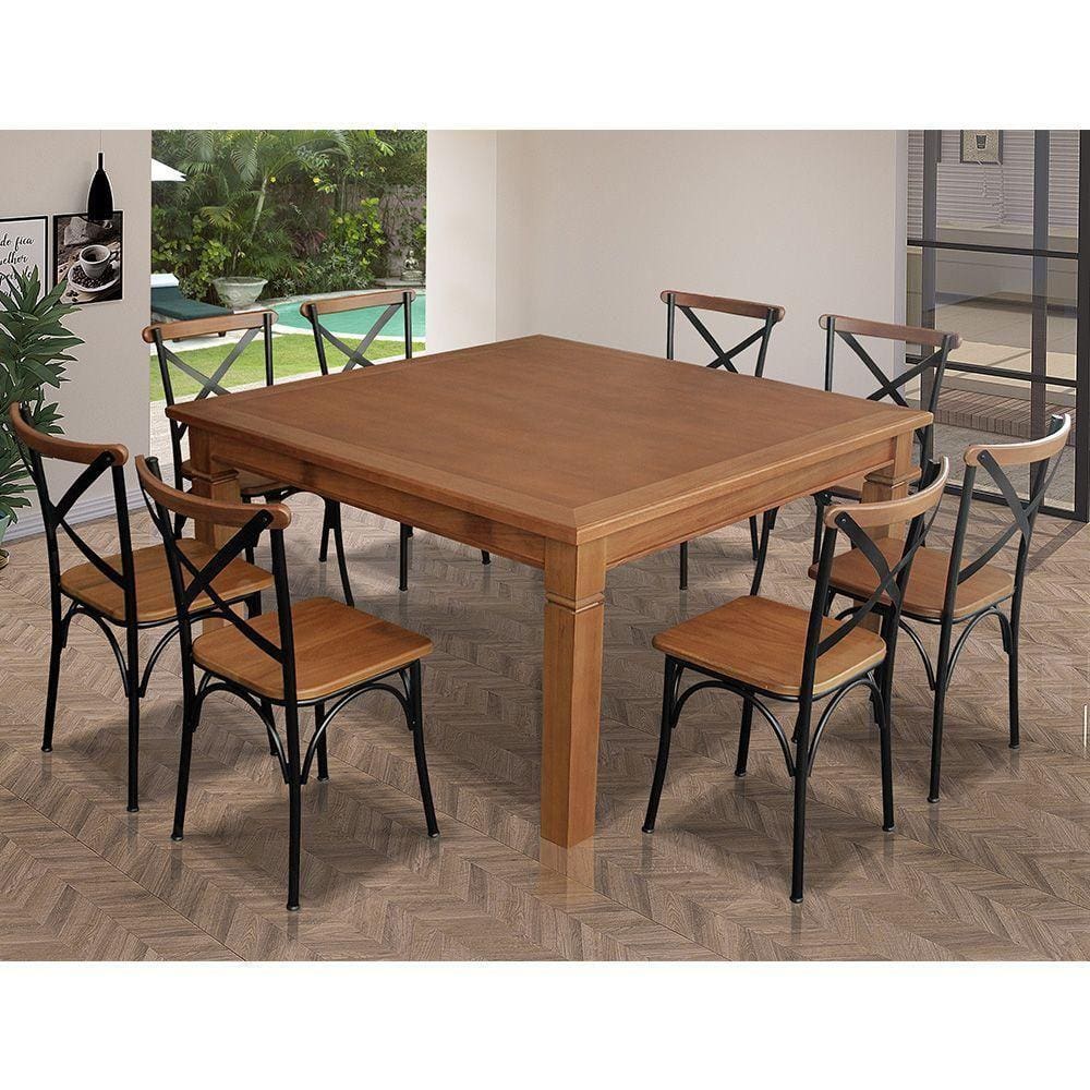 Mesa Jantar Quadrada Celina 1,30M 8 Cadeiras Paris Pés Alumínio Castanho - Marrom
