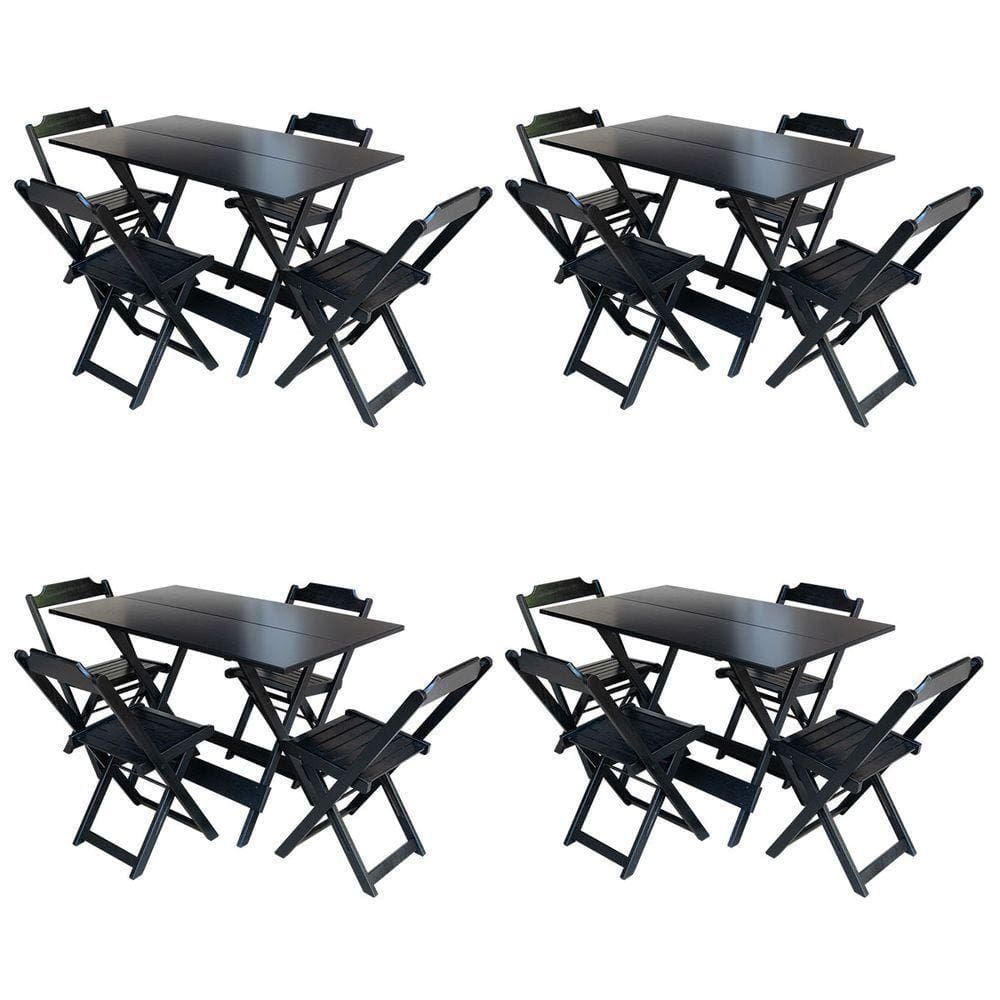 Kit 4 Conjuntos De Mesa Com 4 Cadeiras De Madeira Dobravel 120X70 Preto - Preto