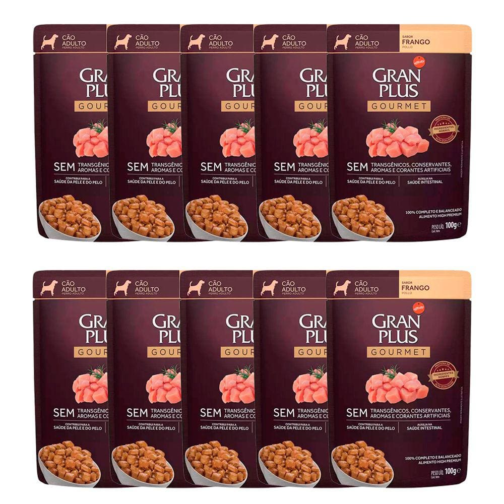 Kit 10 Ração Úmida Gran Plus Sachê Cães Gourmet Adultos Frango - 100g