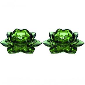 Jogo Porta Velas Castiçal Flor De Lotus Vidro Verde 2 Un