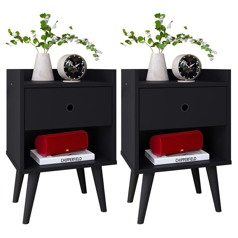 Mesa Cabeceira 1 Gaveta Organizadora Nicho Aberto Decorativo Pés Palito Retrô Mesinha Quarto - Preto - RPM Móveis