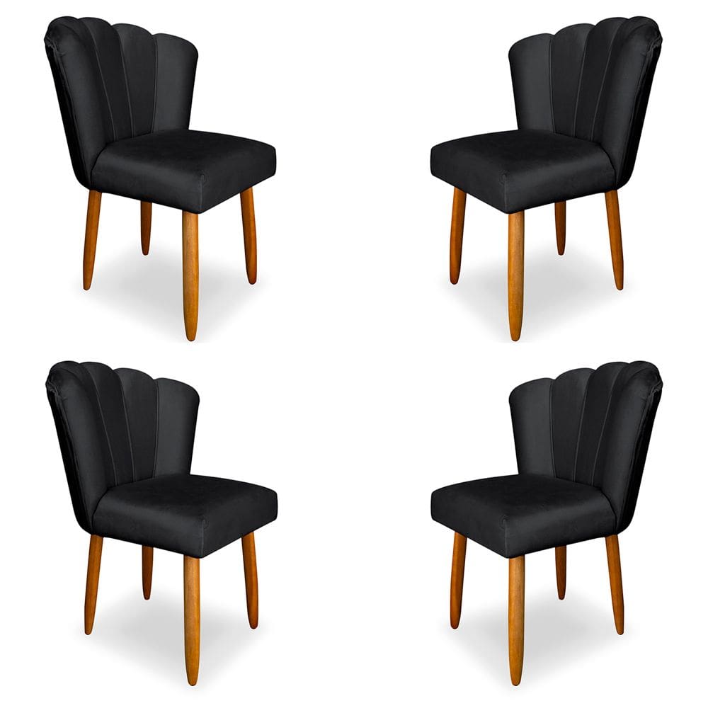 Kit 4 Cadeiras de Jantar Pétala Estofada Pés Palito Veludo Cinza Escuro - Montanaris Decor