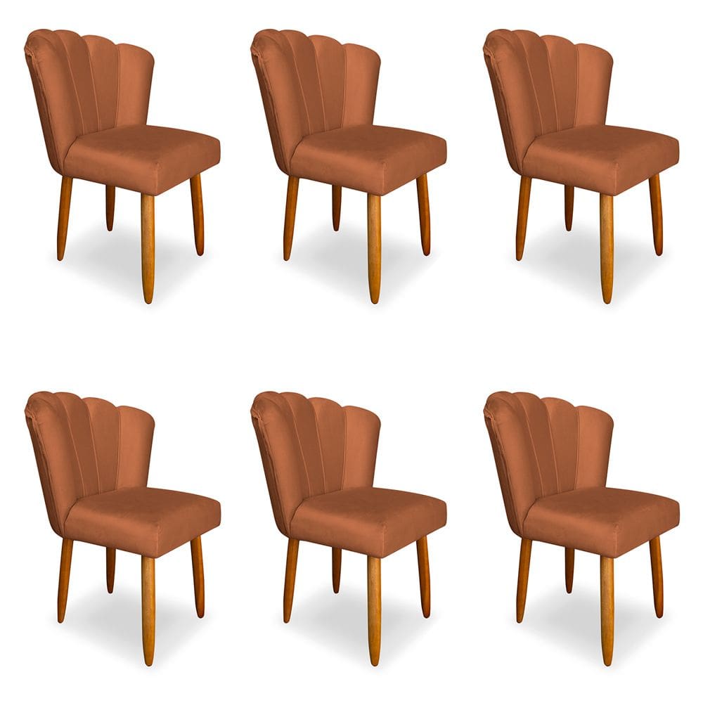 Kit 6 Cadeiras de Jantar Pétala Estofada Pés Palito Veludo Terracota - Montanaris Decor