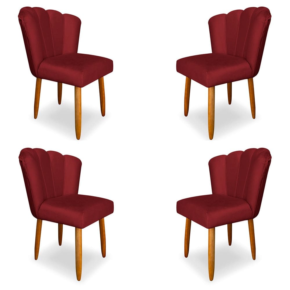 Kit 4 Cadeiras de Jantar Pétala Estofada Pés Palito Veludo Vermelho - Montanaris Decor