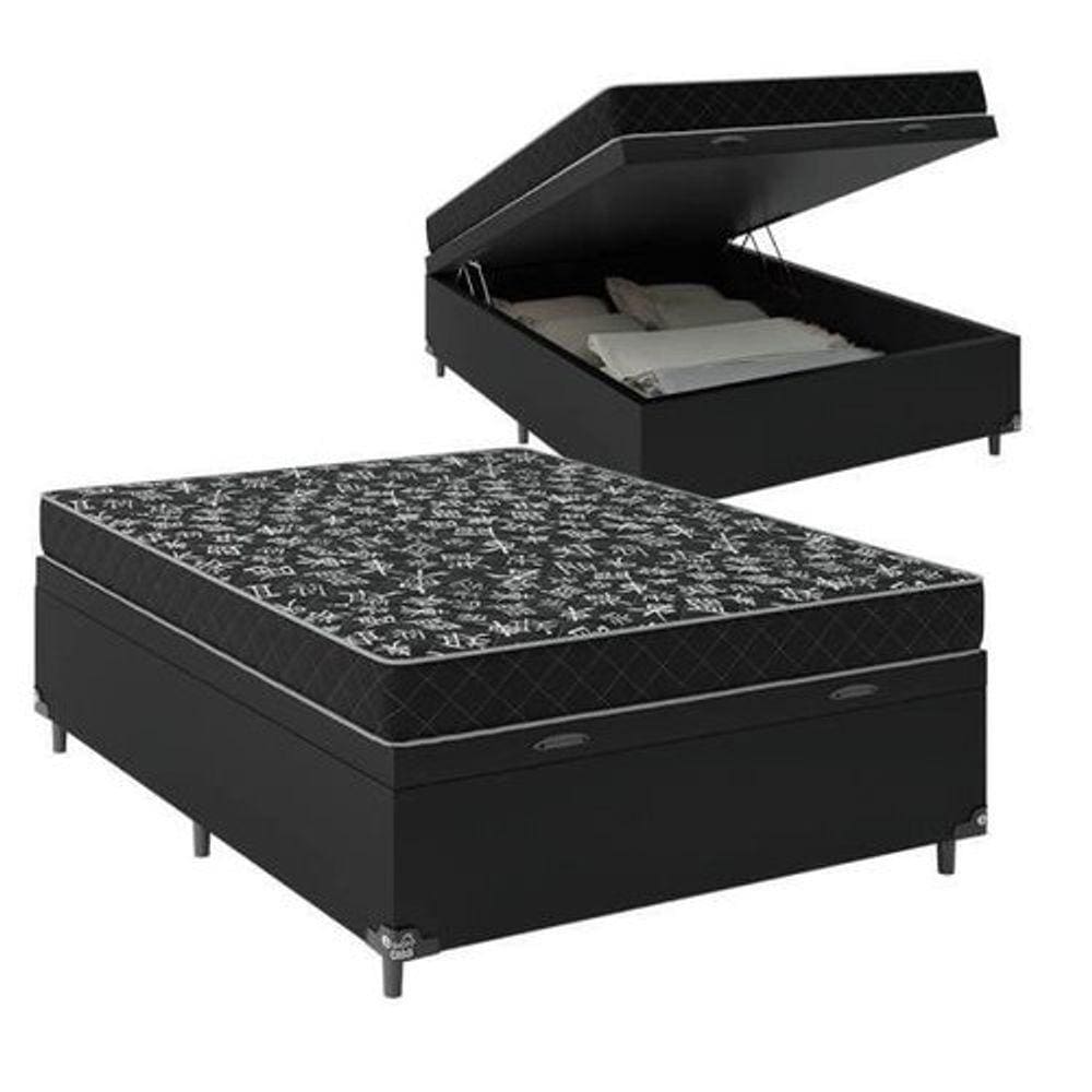 Cama Box Baú Casal Resistence Suede Preto + Colchão Casal Resistence Espuma D23 Com EPS 14x138x188