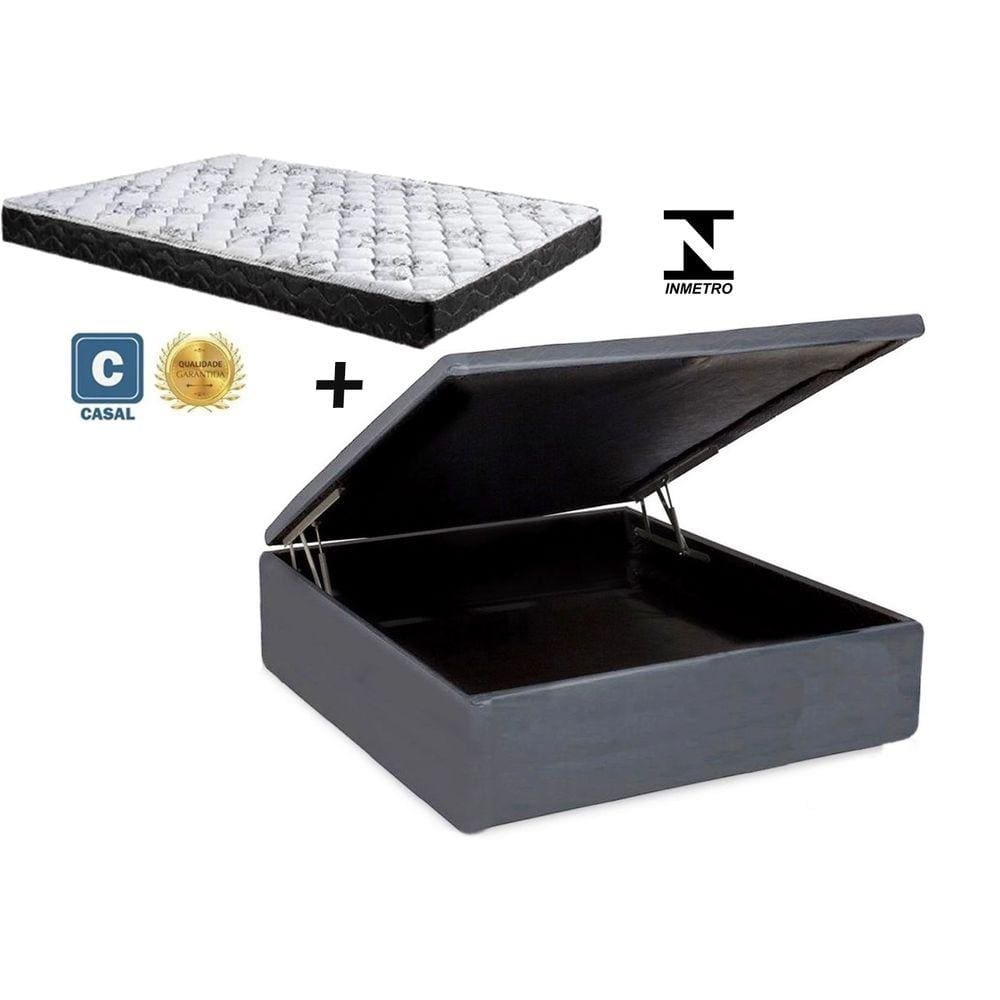 Cama Box Baú Casal Resistence Sintético Cinza + Colchão Casal Resistence Espuma D23 Com EPS 24x138x188