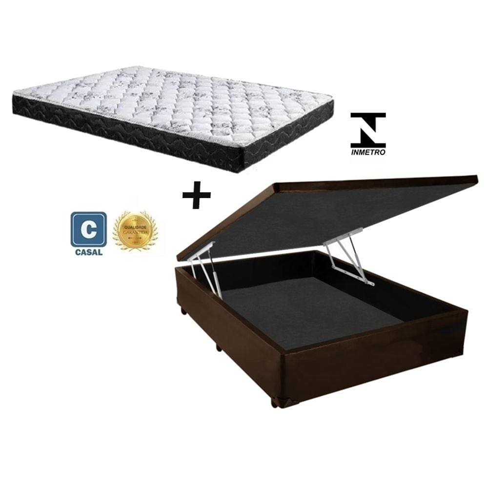Cama Box Baú Casal Resistence Sintético Marrom + Colchão Casal Resistence Espuma D33 Com EPS 16x138x188