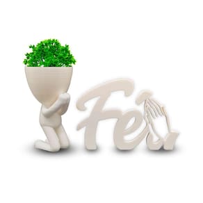 Kit Decoração Planta Artificial + Vasinho Orando + Fé 3d