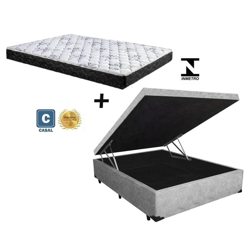 Cama Box Baú Casal Resistence Suede Cinza + Colchão Casal Resistence Espuma D33 Com EPS 14x138x188