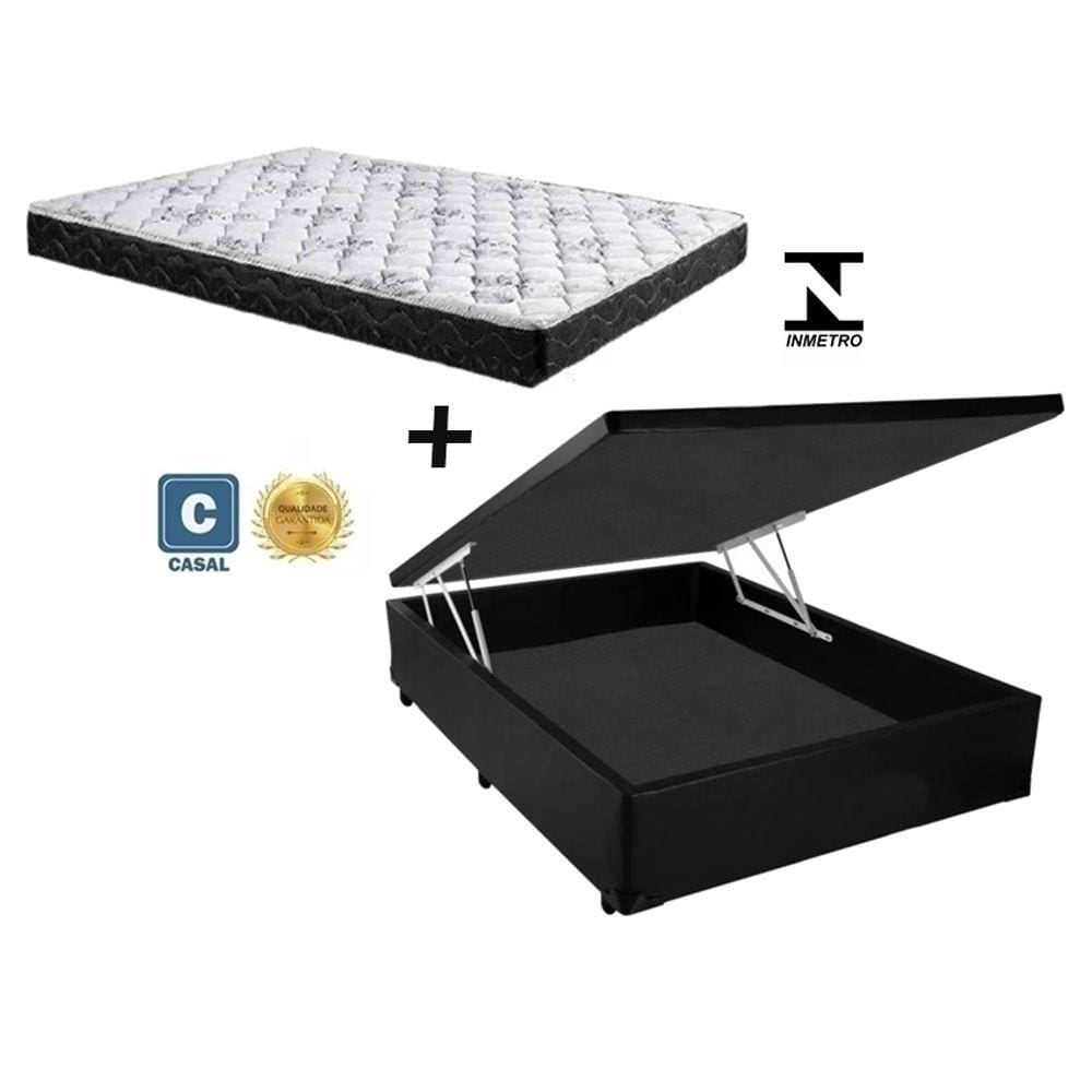 Cama Box Baú Casal Resistence Sintético Preto + Colchão Casal Resistence Espuma D33 Com EPS 14x138x188