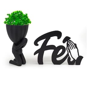 Kit Decoração Planta Artificial + Vasinho Orando + Fé 3d