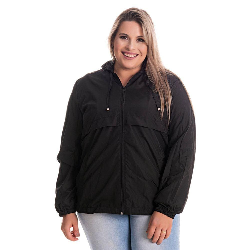 Jaqueta Feminina Plus Size Corta Vento Capuz Bolsos Frente Fechamento Zíper - Serena