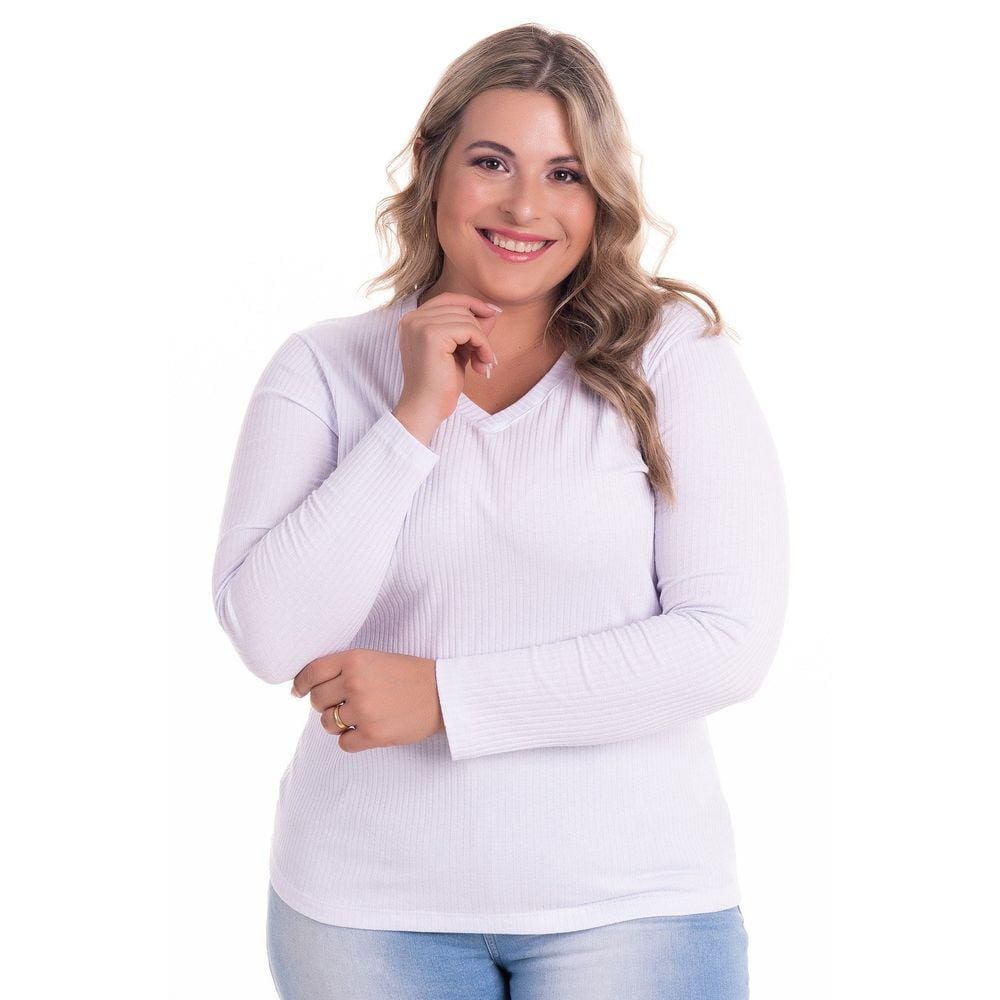 Blusa Manga Longa em Ribana Canelada Larga Decote "V" - Serena