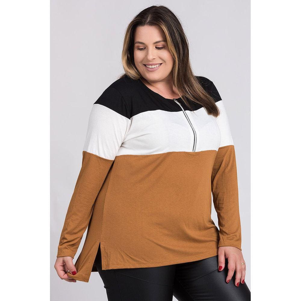 Blusa Feminina Plus Size Manga Longa Visco Tricolor Detalhe Zíper Gola - Serena
