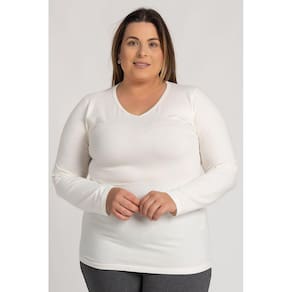 Blusa Feminina Plus Size Manga Longa Cotton Decote "V" - Serena