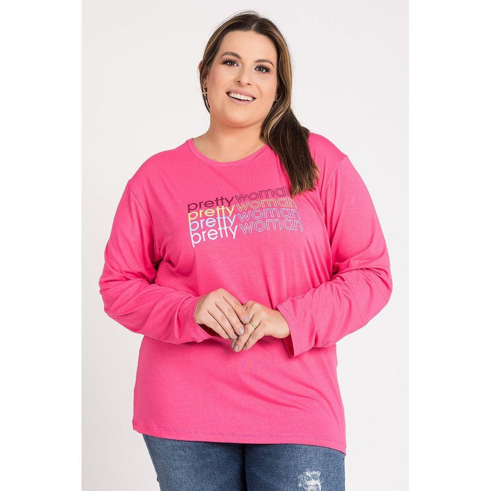 Blusa Feminina Plus Size Manga Longa Visco Estampada "Pretty woman" - Serena
