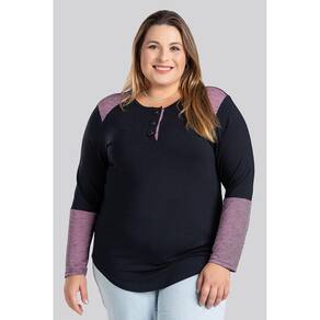 Blusa Feminina Plus Size Decote com Botões Detalhes Contrastantes Gola Mangas - Serena