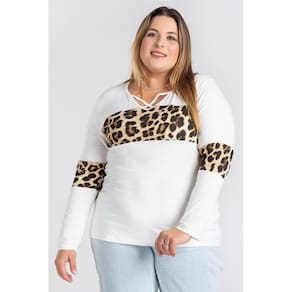 Blusa Feminina Plus Size Manga Longa c/ Detalhe Decote X e Recorte Animal Print - Serena