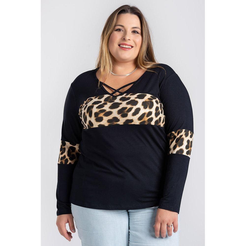 Blusa Feminina Plus Size Manga Longa c/ Detalhe Decote X e Recorte Animal Print - Serena