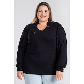 Blusa Feminina Plus Size Mangas Bufantes com Golinha e Recorte Frente com Botões - Serena