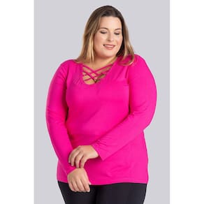 Blusa Feminina Manga Longa Plus Size Malha Viscose com Elastano Detalhe de Tiras no Decote - Serena