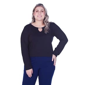 Blusa Feminina Manga Longa Detalhe Gola Aplique Abaixo Vazado Gota G1 ao G8