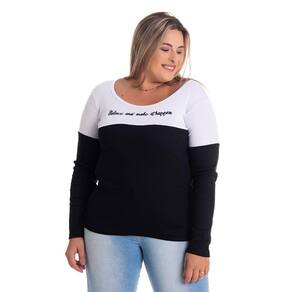 Blusa Feminina Manga Longa em Malha Ribana Canelada Cor Contrastante Aplique