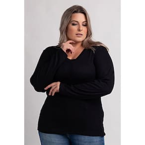Blusa Feminina Plus Size Manga Longa Decote "V" Ribana Canelada 2x1 - KiBeleza