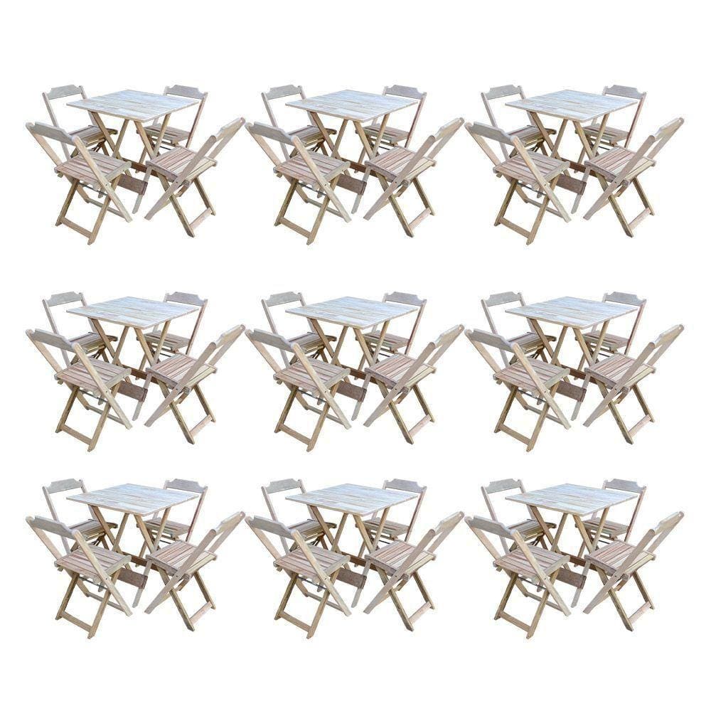Kit 9 Jogos De Mesa Dobravel Com 4 Cadeiras De Madeira 70X70 Para Restaurante E Bar - Sem Pintura