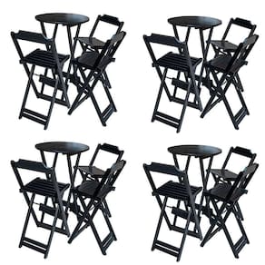 Kit 4 Conjuntos De Mesa Bistrô Dobravel Em Madeira Maciça Com 3 Banquetas Altas - Preto - Preto