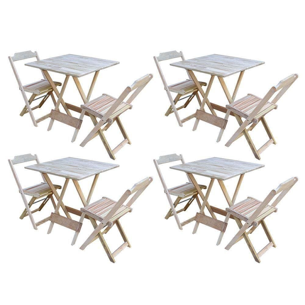 Kit 4 Conjuntos De Mesa Dobravel Com 2 Cadeiras De Madeira 70X70 - Sem Pintura - Marrom