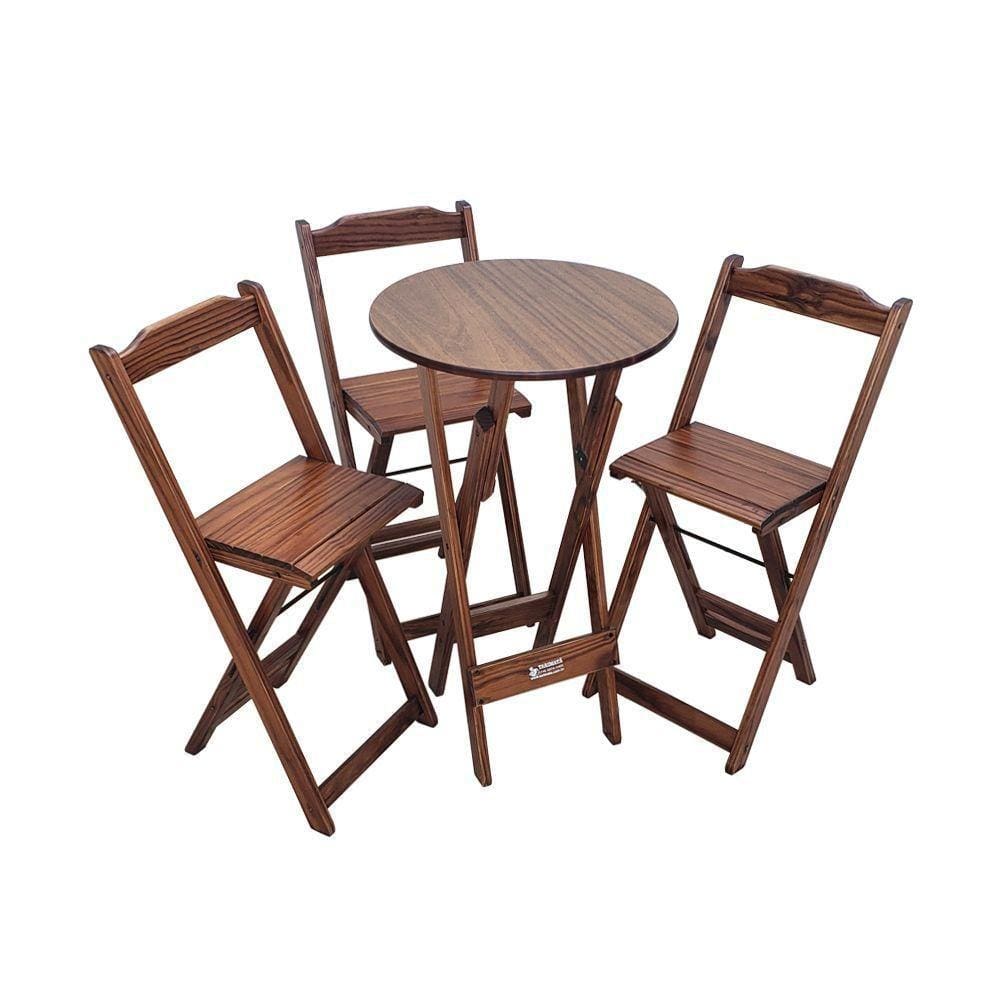 Mesa Bistrô Dobrável De Madeira Redonda Com 3 Banquetas Imbuia - Cor: Marrom