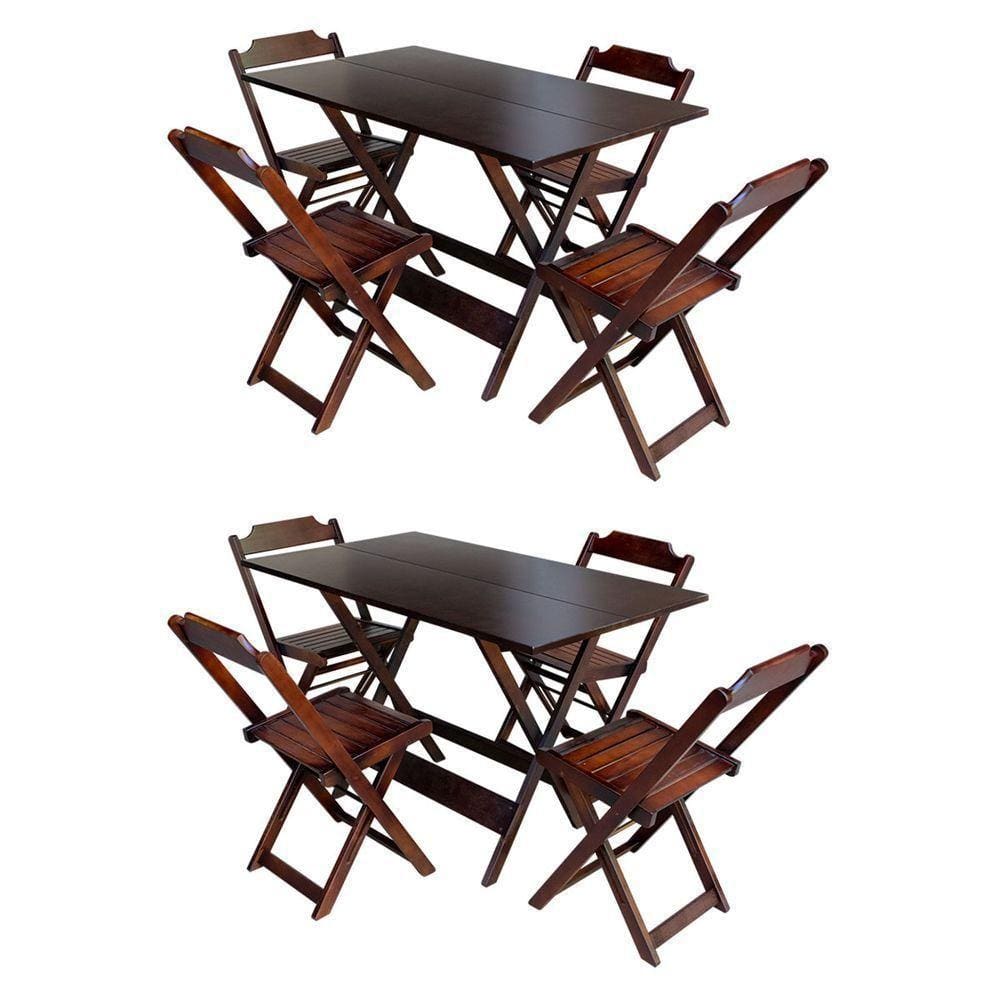 Kit 2 Jogos De Mesa Dobravel 120X70 Em Madeira Maciça Com 4 Cadeiras - Imbuia - Marrom