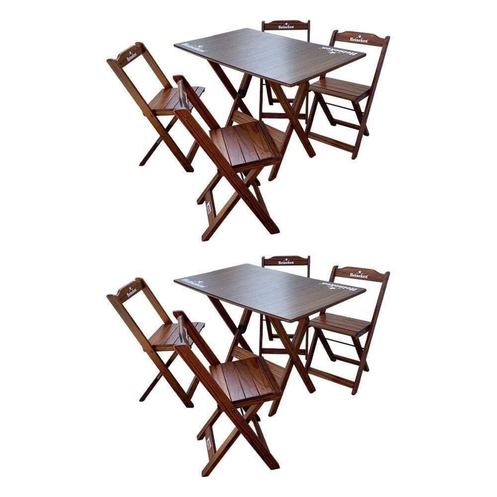 Kit 2 Conjuntos Mesa Dobrável Madeira 110x70 Com 4 Cadeiras Personalizada Hei Imbuia - Cor: Marrom