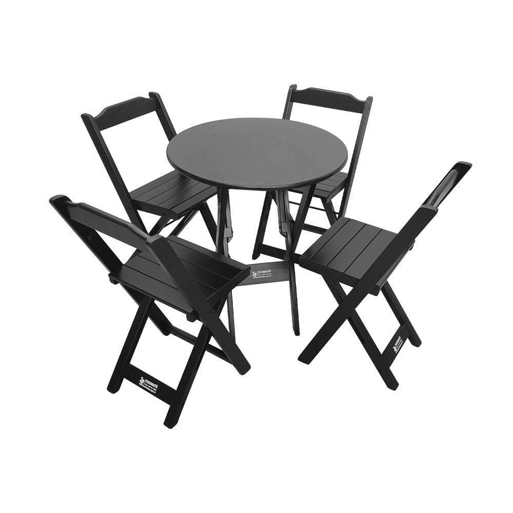Mesa Dobrável De Madeira Redonda 70cm Com 4 Cadeiras Preta - Cor: Preto