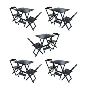Kit 5 Jogos De Mesa Dobravel Com 2 Cadeiras De Madeira 70X70 Para Restaurante E Bar - Preto