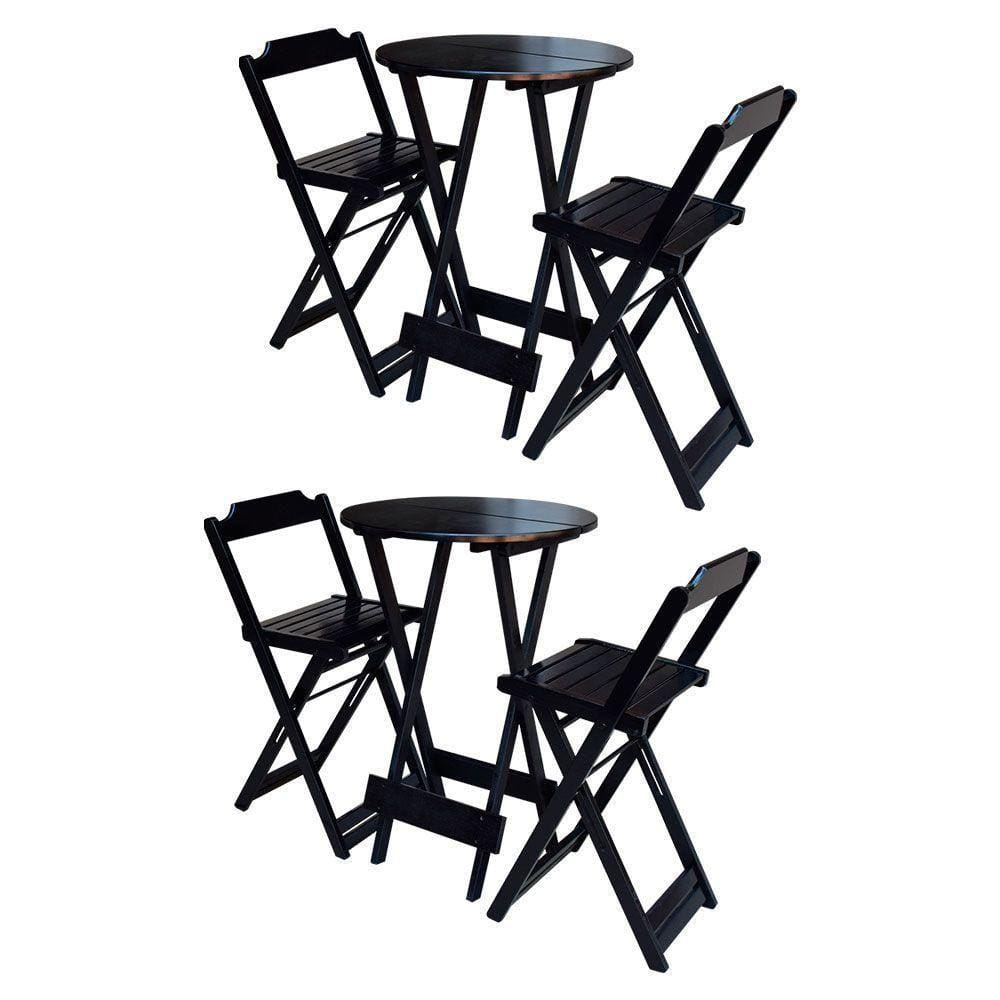 Kit 2 Jogos De Mesa Bistrô Dobrável Em Madeira Maciça Com 2 Banquetas Altas - Preto - Preto