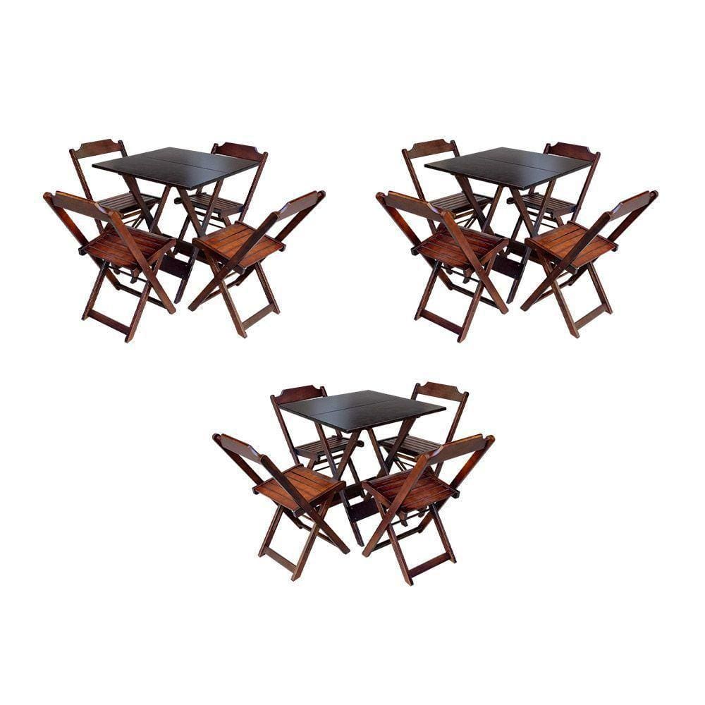Kit 3 Conjuntos De Mesa Dobravel Com 4 Cadeiras De Madeira 70X70 Para Restaurante E Bar - Imbuia