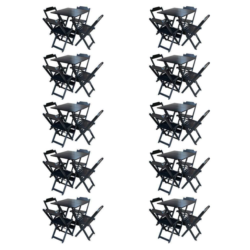 Kit 10 Jogos De Mesa Com 4 Cadeiras De Madeira Dobravel 70X70 - Preto - Preto