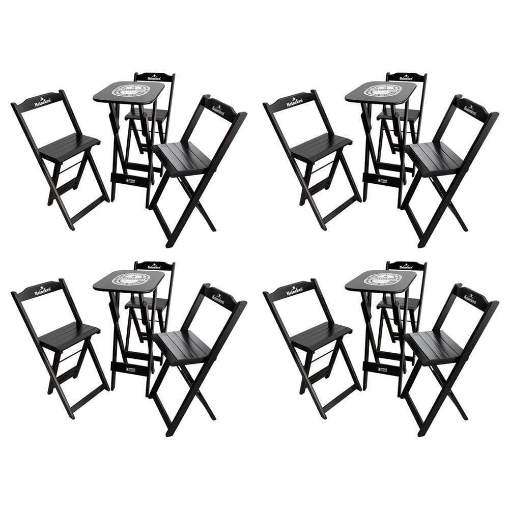 Kit 4 Conjuntos Bistrô Mesa Com 3 Banquetas Dobráveis De Madeira Personalizada Hei - Preta