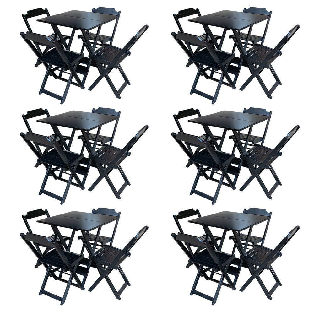 Kit 6 Jogos De Mesa Com 4 Cadeiras De Madeira Dobravel 60X60 - Preto - Preto