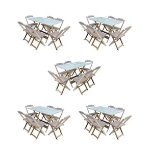 Kit 5 Jogos De Mesa Dobravel Com 6 Cadeiras De Madeira 120X70 Para Restaurante E Bar - Sem Pintura
