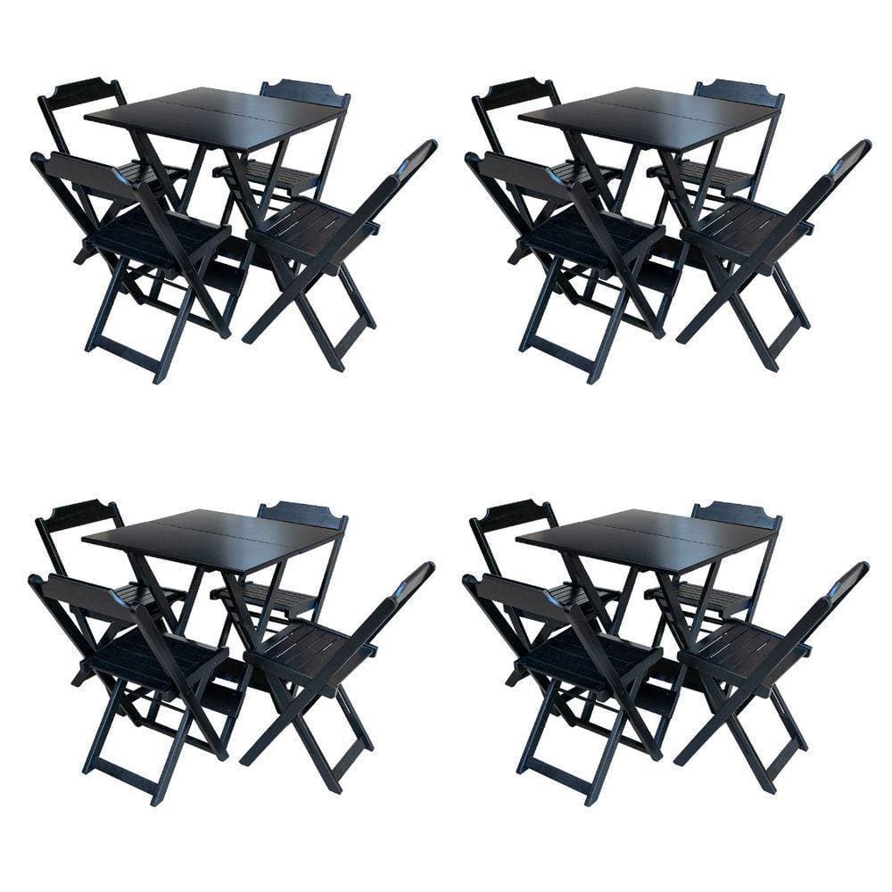 Kit 4 Conjuntos De Mesa Com 4 Cadeiras De Madeira Dobravel 70X70 Preto - Preto