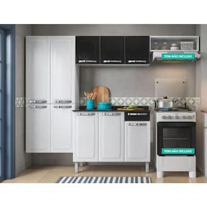 Cozinha Completa Com Paneleiro Duplo, Armário Aéreo, Balcão 3 Portas E Nicho Rose Branco/Preto