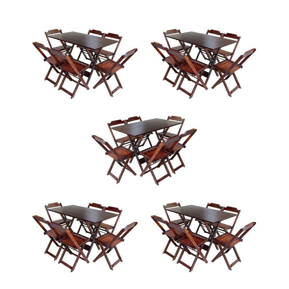 Kit 5 Conjuntos De Mesa Dobravel Com 6 Cadeiras De Madeira 120X70 Para Restaurante E Bar - Imbuia