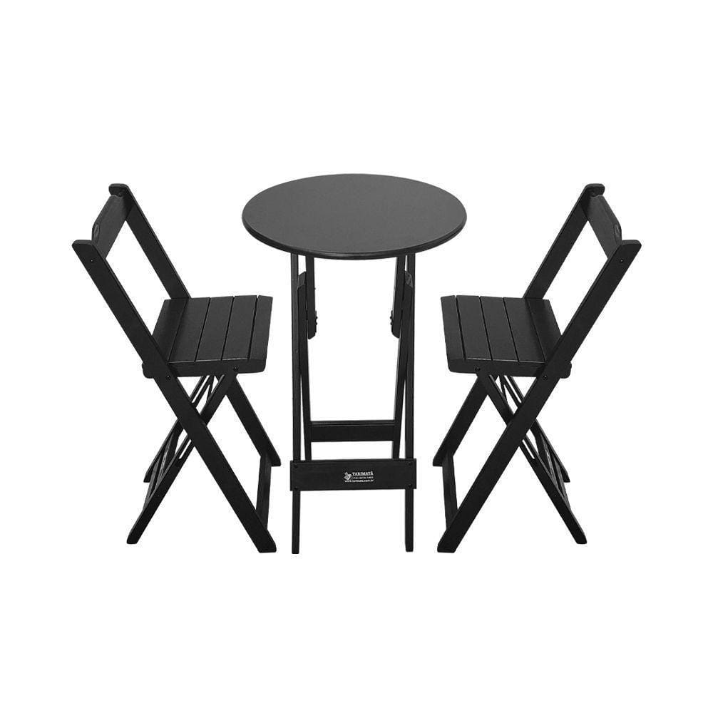 Conjunto Bistrô Mesa Dobrável De Madeira Redonda Com 2 Banquetas Preta - Cor: Preto
