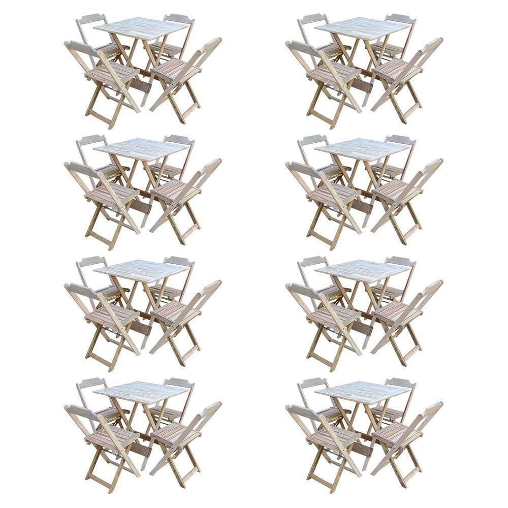 Kit 8 Conjuntos De Mesa Com 4 Cadeiras De Madeira Dobravel 70X70 Sem Pintura/Crua - Marrom