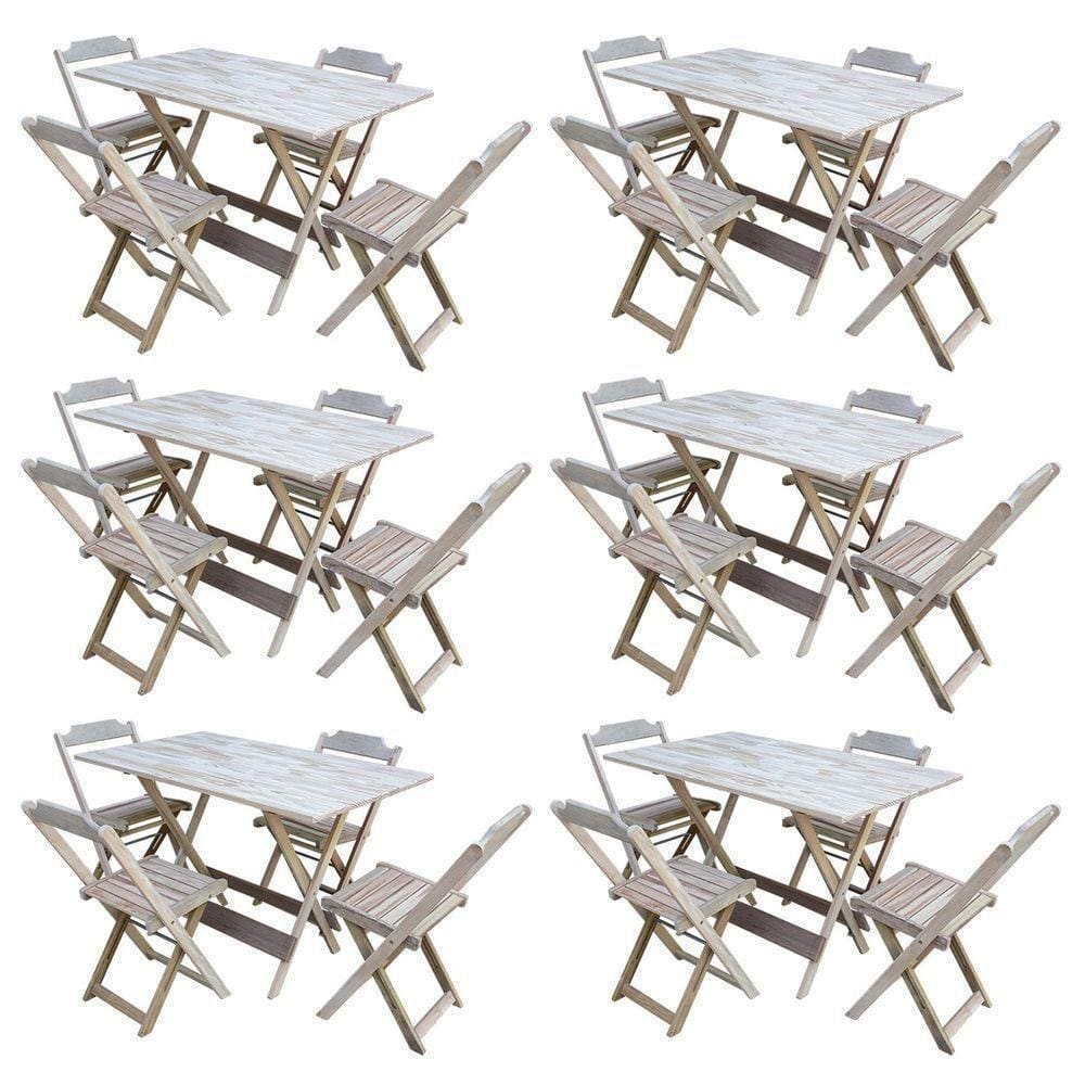 Kit 6 Conjuntos De Mesa Com 4 Cadeiras De Madeira Dobravel 120X70 Sem Pintura/Crua - Marrom